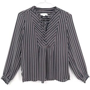 Loft Womens Black White Red Striped Tie Neck Long Sleeve Blouse Top S